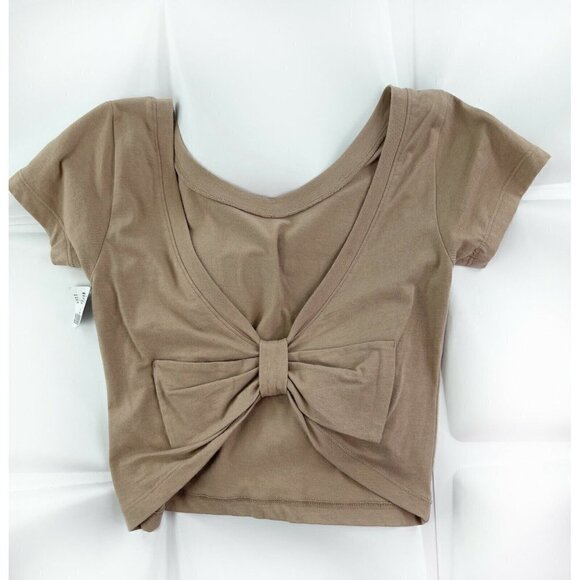 NWT Wet Seal Sz L Taupe Bow Back Cropped QT Pie Top Soft Graphic T-Shirt Womens - Picture 4 of 6